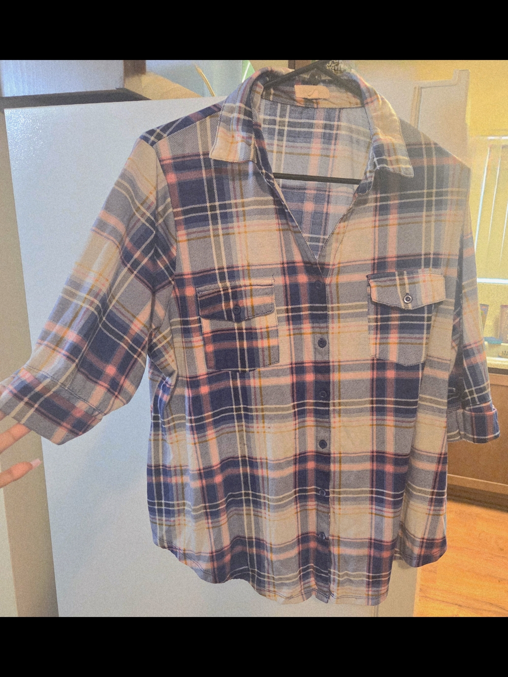 Women's 2X Plaid Button-Up Shirt in Navy, Cream & Pink
